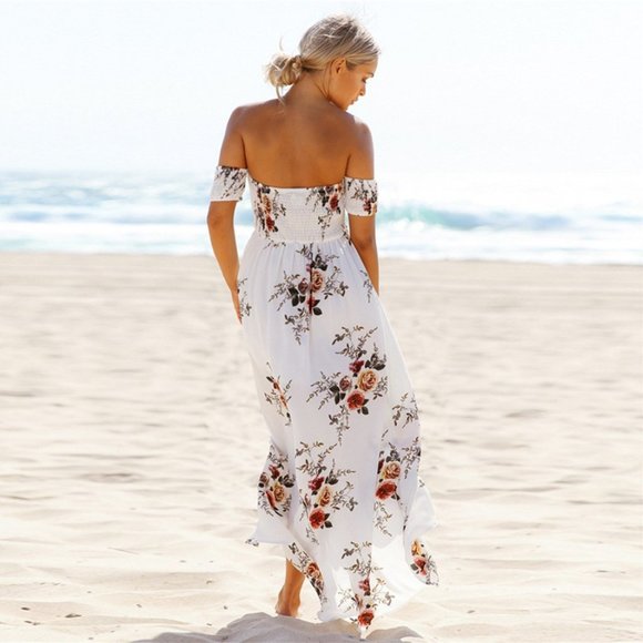 White Boho Printed Floral Cover Up Beach Dress - Picture 2 of 7